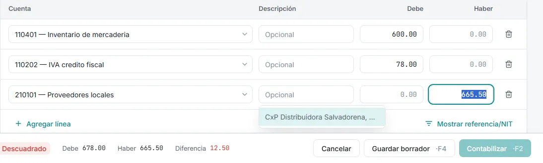 Barra de cuadre en rojo con la diferencia y el botón Contabilizar atenuado
