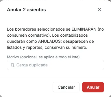 Confirmación de anulación en lote con el campo de motivo