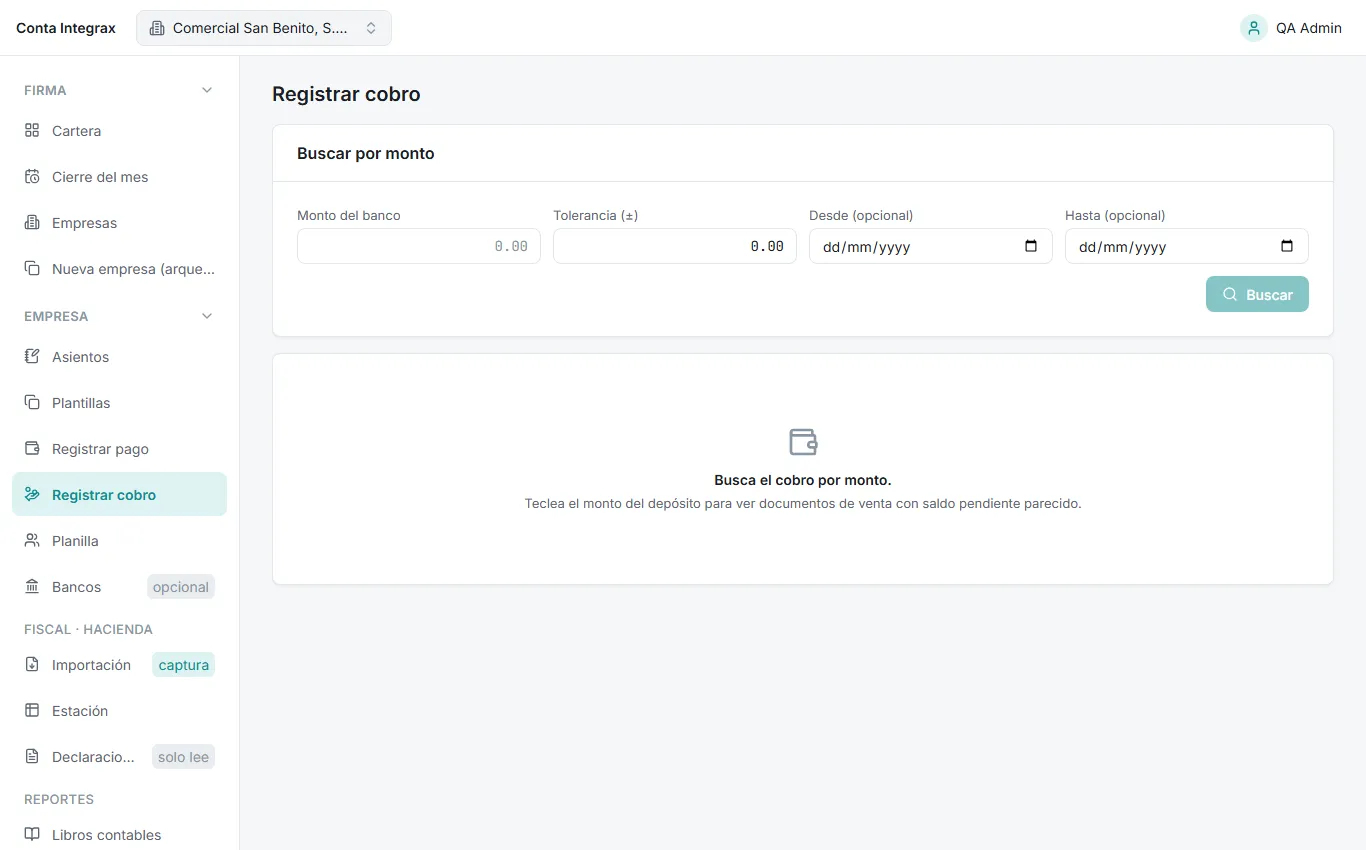 Pantalla Registrar cobro con los documentos pendientes encontrados