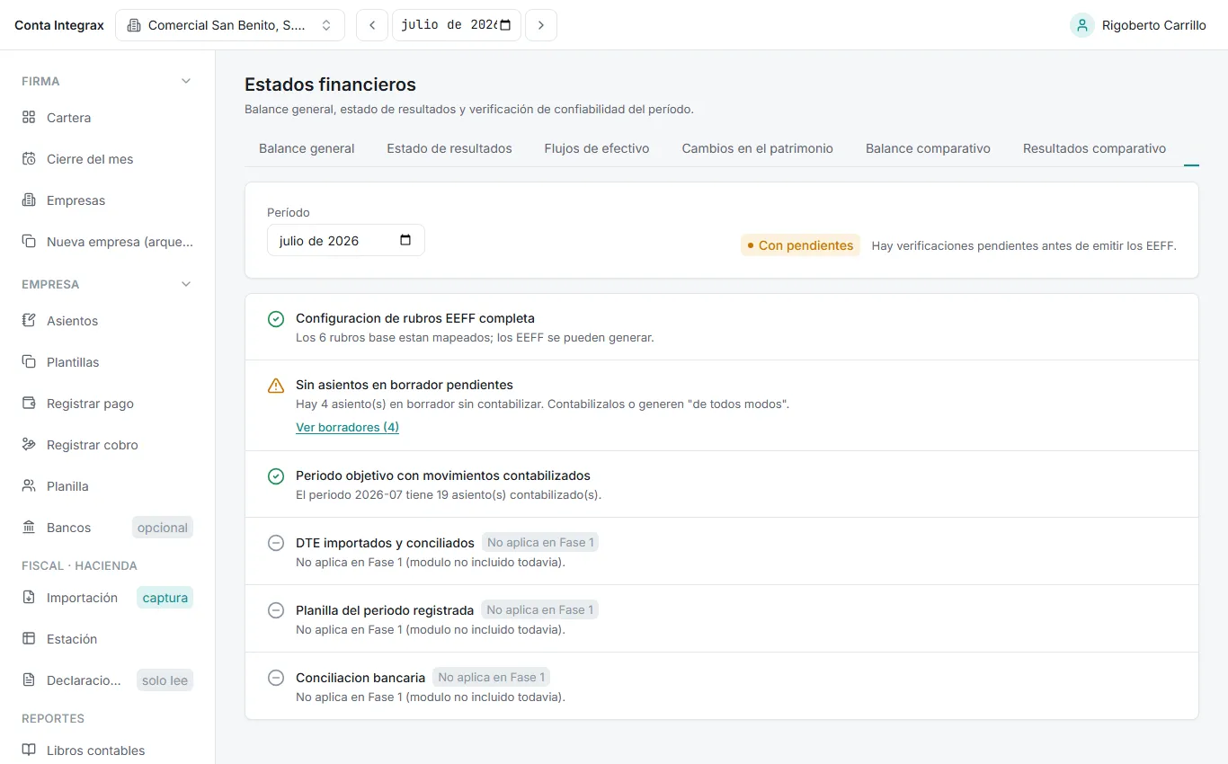 Checklist de confiabilidad marcando Con pendientes, con la verificación de borradores en ámbar y el enlace Ver borradores (4)