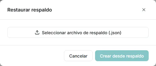 Ventana Restaurar respaldo recién abierta, con el botón Seleccionar archivo de respaldo (.json)