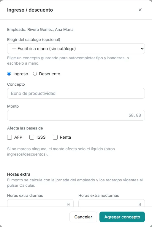 Captura de horas extra por tipo